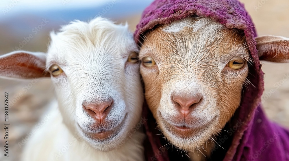 A couple of goats that are standing next to each other A couple of goats that are standing next to each other