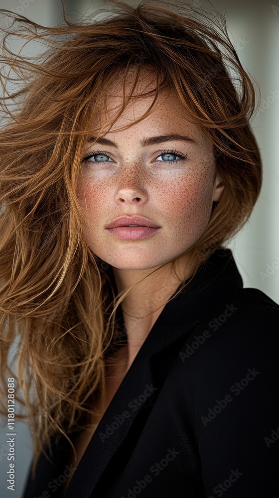 Fototapeta premium A woman with long red hair and freckles on her face