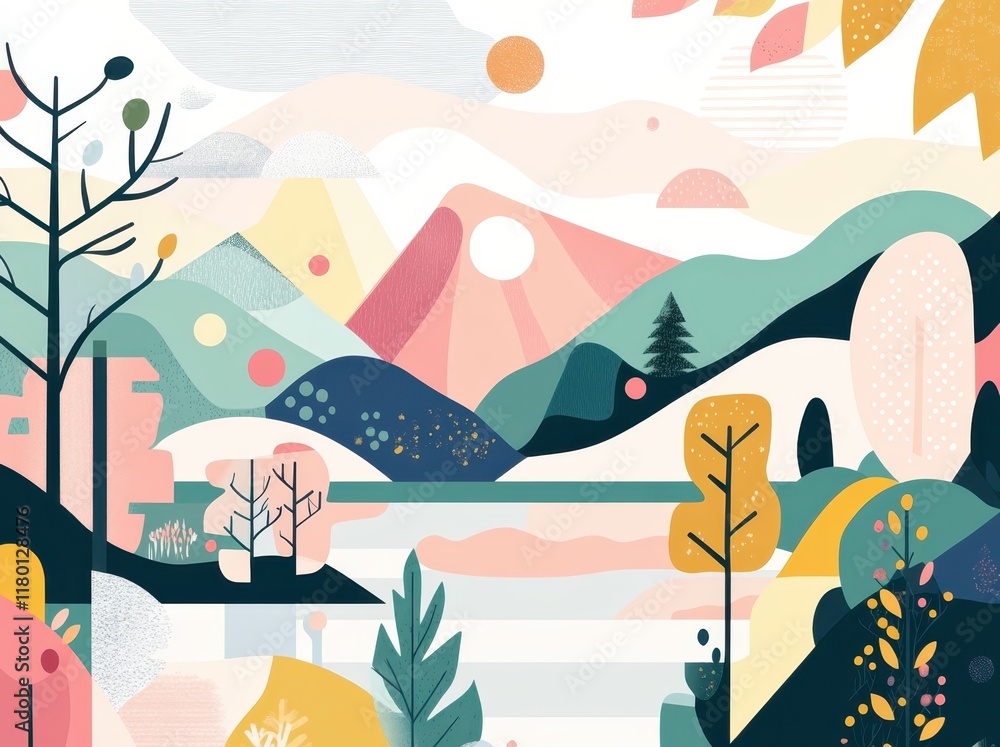 custom made wallpaper toronto digitalFlat illustration of a beautiful landscape with mountains, trees, and a lake. The design features simple shapes, pastel colors, and a sunrise.