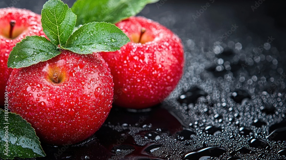 Three red apples with green leaves on a black surface Three red apples with green leaves on a black surface