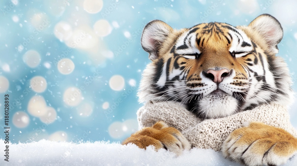 Obraz premium A tiger laying in the snow with its eyes closed