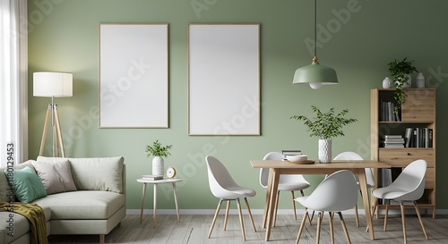 
Blank Framed Canvas Mockup in Stylish Living Room with Light Green Decor photo