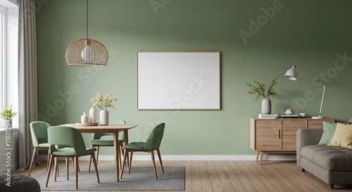 
Blank Framed Canvas Mockup in Stylish Living Room with Light Green Decor photo