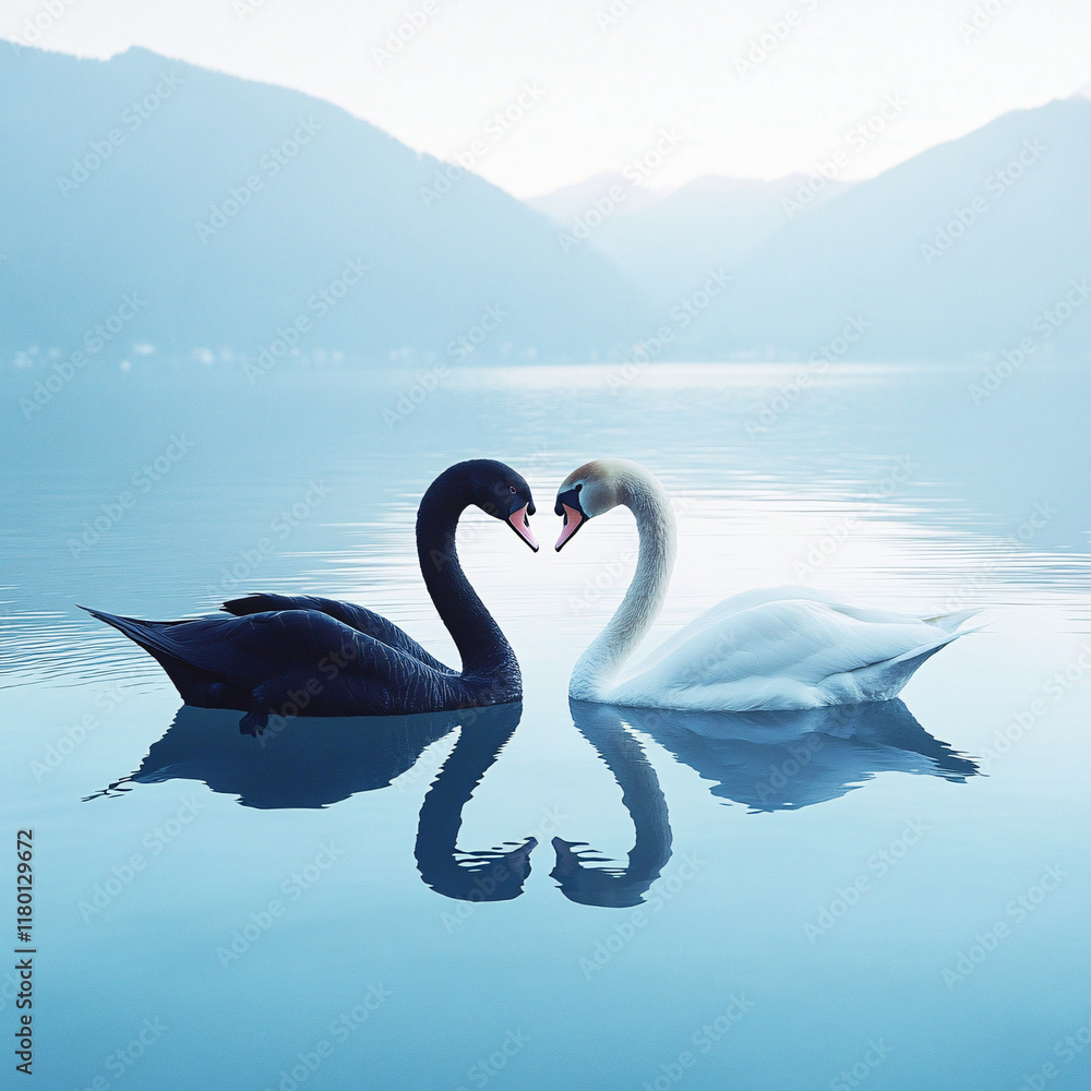 Fototapeta premium Romantic Scene of a Black Swan and White Swan Forming a Heart Shape on a Tranquil Lake with Serene Water and Mountain Backdrop