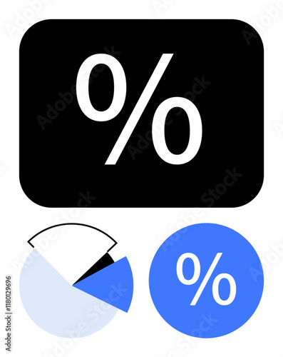 Percentage symbol inside a black rectangle, pie chart with various segments, and blue circle with percentage symbol. Ideal for data analysis, financial reports, business metrics, statistical