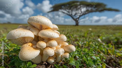 A group of white mushrooms sitting on top of a lush green field photo