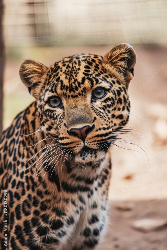Naklejka premium Close-up shot of a leopard's face with a blurred background, great for wildlife and animal-themed projects