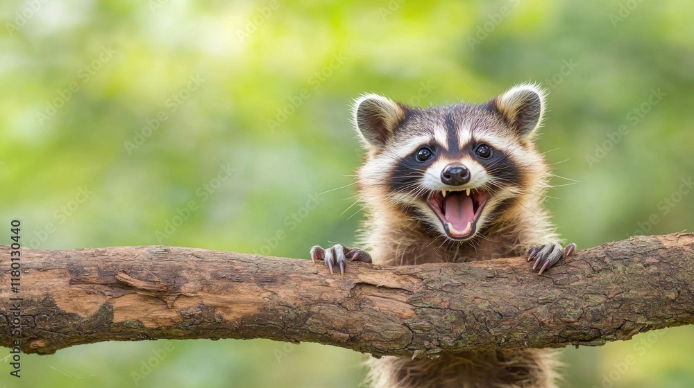 A raccoon yawning on a tree branch with its mouth open A raccoon yawning on a tree branch with its mouth open