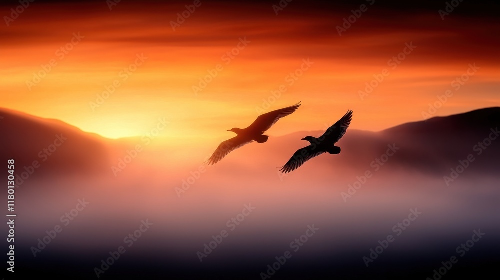 Naklejka premium A couple of birds flying in the sky at sunset