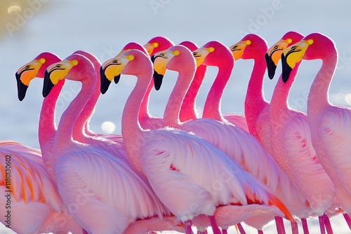 A group of pink flamingos standing next to each other, a flock of flamingos in flight formation