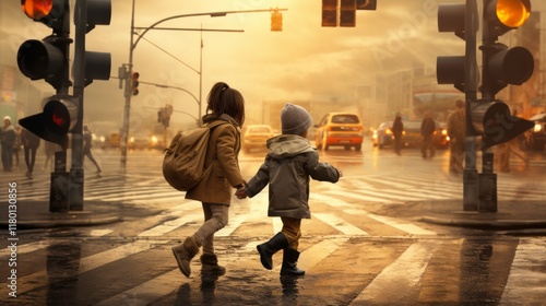 Two school children cross the road on a zebra crossing. Two girls in bright clothes cross the road at a pedestrian crossing. Safety of pedestrian crossings. Child safety on the roads photo