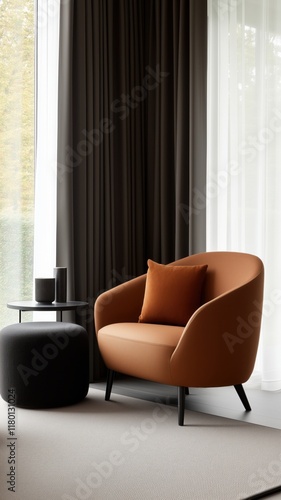 Cozy modern living room interior with orange chair and black accents by large window