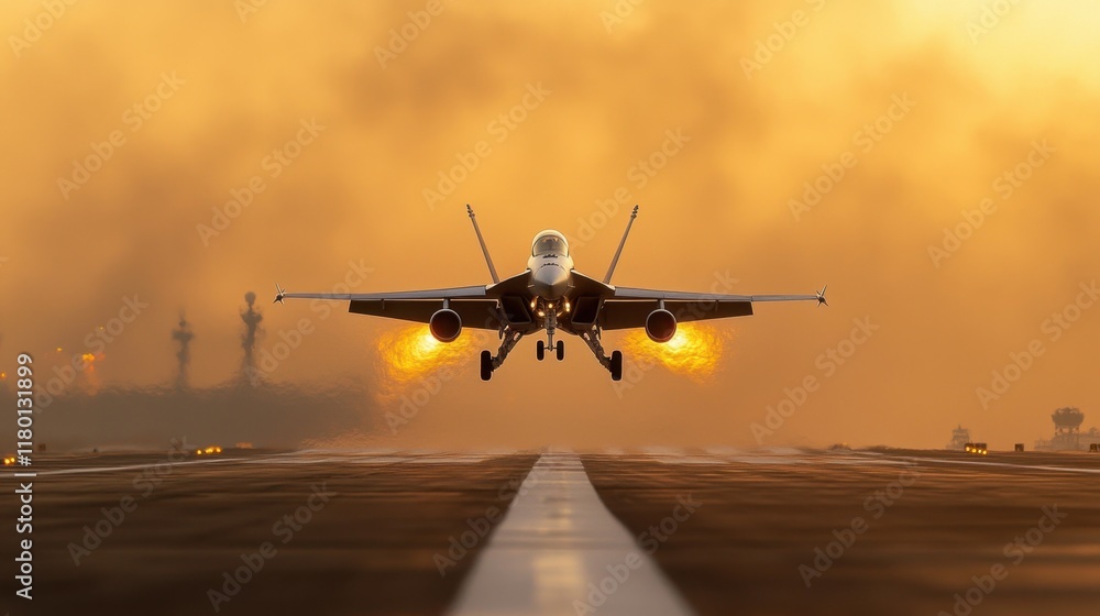 Naklejka premium A fighter jet taking off from an airport runway