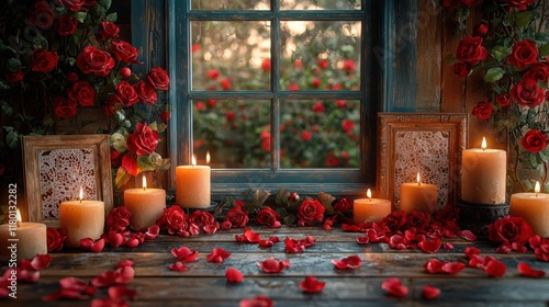 Romantic Windowsill:  A rustic windowsill adorned with flickering candles, scattered rose petals, and a lush rose bush outside, creating an enchanting atmosphere of warmth and romance. 