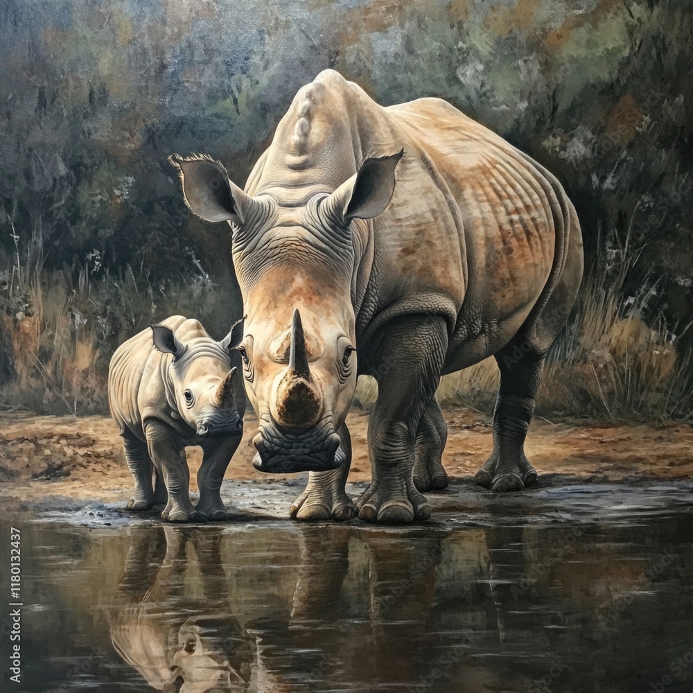 Fototapeta premium A portrait of a mother rhino holding her baby close, highlighting the strong bond between them