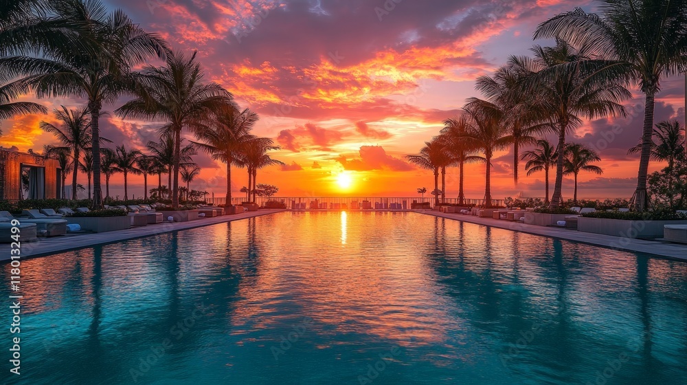 Obraz premium A vibrant Miami bay sunrise scene with sparkling water and warm hues, evoking tranquility and tropical elegance, perfect for travel promotions.