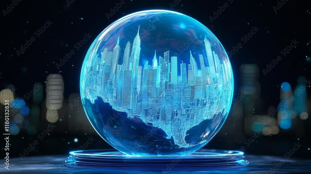 Naklejka premium Futuristic cityscape encapsulated in a glowing glass orb.