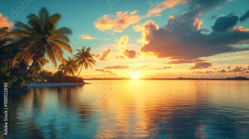 A vibrant Miami bay sunrise scene with sparkling water and warm hues, evoking tranquility and tropical elegance, perfect for travel promotions.