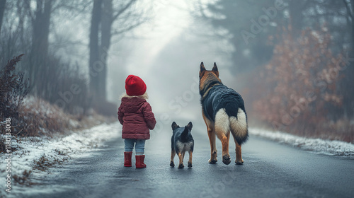 A Child in a Red Hat Walking with a Loyal Dog on a Misty Forest Road, Highlighting Friendship, Companionship, and Peaceful Outdoor Moments photo