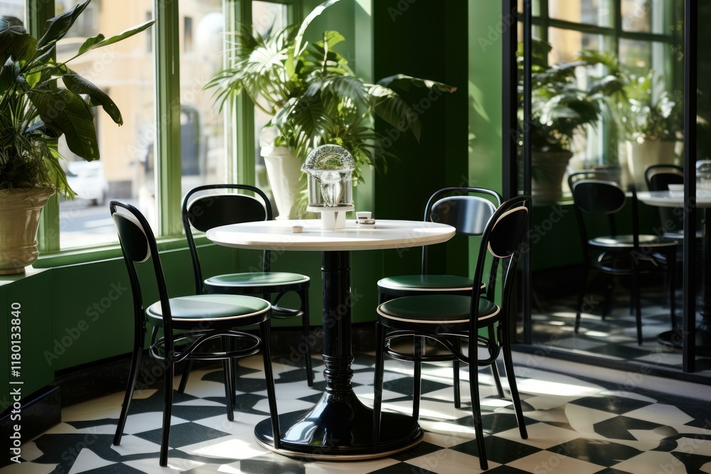 Fototapeta premium Stylish cafe interior featuring a round table, green chairs, lush plants, and a distinctive checkered floor