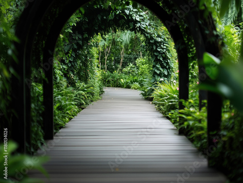 Lush Green Tunnel Pathway in Tropical Garden photo