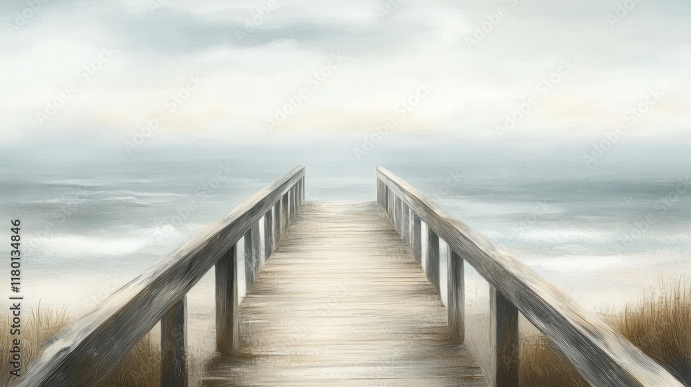 Serene beach boardwalk vanishing into misty ocean Serene beach boardwalk vanishing into misty ocean