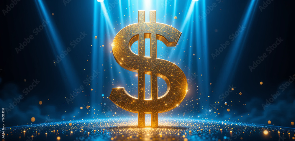 A striking golden dollar symbol stands prominently in a dimly lit space, illuminated by bright lights above, creating a captivating and luxurious ambiance filled with sparkling particles A striking golden dollar symbol stands prominently in a dimly lit space, illuminated by bright lights above, creating a captivating and luxurious ambiance filled with sparkling particles