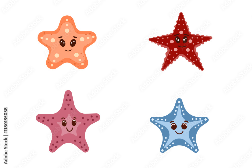 Cute starfish set for children background. Under the sea, water animal character, ocean fauna. Flat vector design. Cute starfish set for children background. Under the sea, water animal character, ocean fauna. Flat vector design.