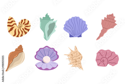 Seashell cartoon illustration set. Summer time, beach, holidays. Water, sea life. Vector isolated on white background