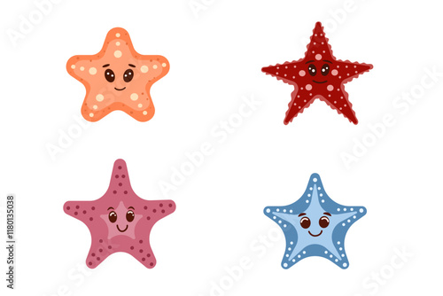 Cute starfish set for children background. Under the sea, water animal character, ocean fauna. Flat vector design.