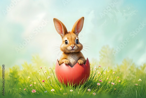 cute-little-brown-rabbit-in-a-pink-egg-in-the-middle-of-a-flowery-meadow-Easter-theme