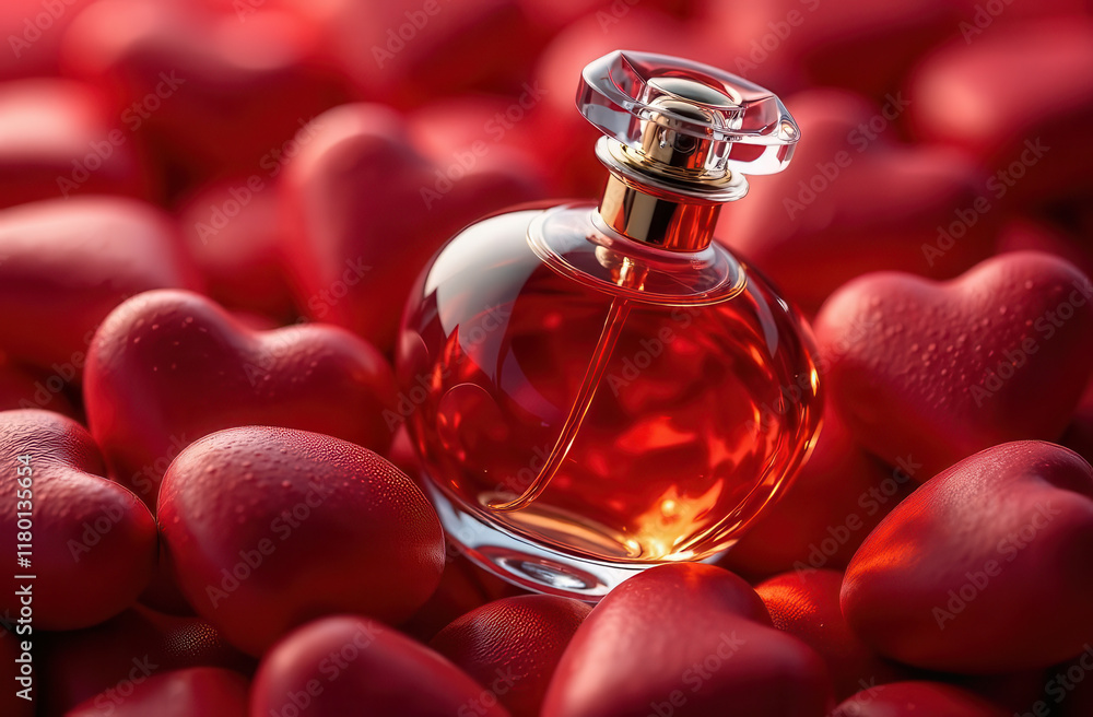 Perfume on a background of red hearts. A bottle of pink perfume on a pink background of stones. A gift for Valentine's Day. Perfume on a background of red hearts. A bottle of pink perfume on a pink background of stones. A gift for Valentine's Day.