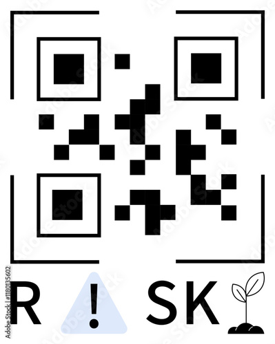 QR code centered with RISK text below. Warning sign between R and S. Plant sapling next to K. Ideal for risk management, safety, technology, growth, business security education. Line metaphor