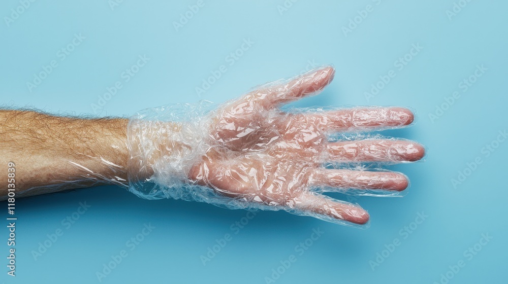 Fototapeta premium A man's hand wrapped in plastic wrap on a blue background