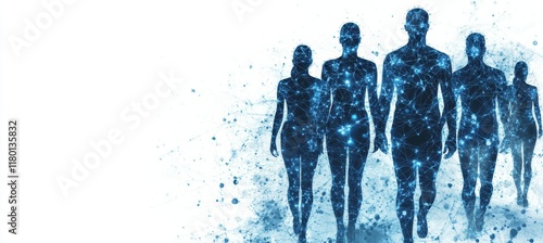 Blue digital human silhouette team standing together in a row on a white background with copy space