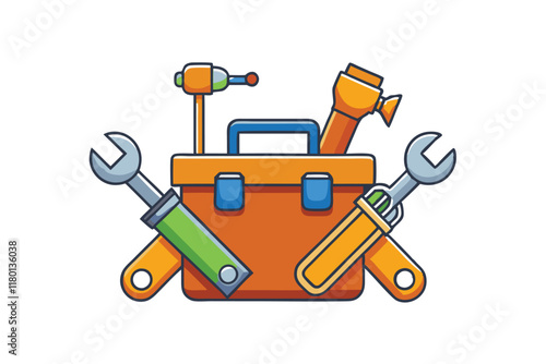 Illustrated repair toolbox with colorful tools such as wrenches, screwdriver, and hammer, ideal for construction or repair concepts