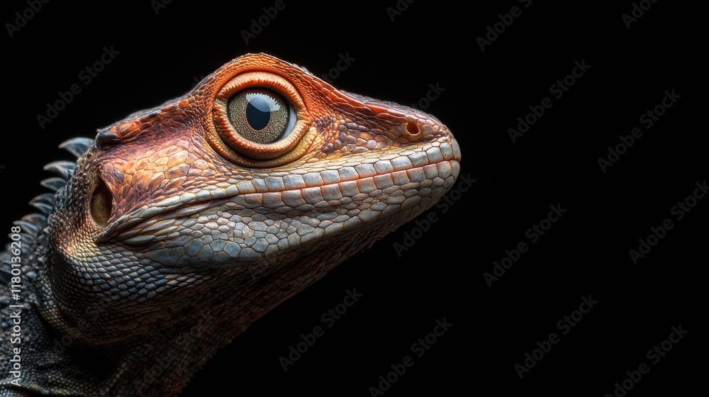 A close up of a lizard's face on a black background A close up of a lizard's face on a black background