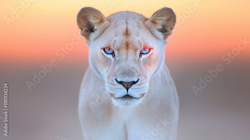 A white lioness with blue eyes standing in the desert