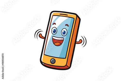 Vibrant cartoon smartphone mascot with cheerful expression, animated arms, and joyful energy, isolated on white background photo