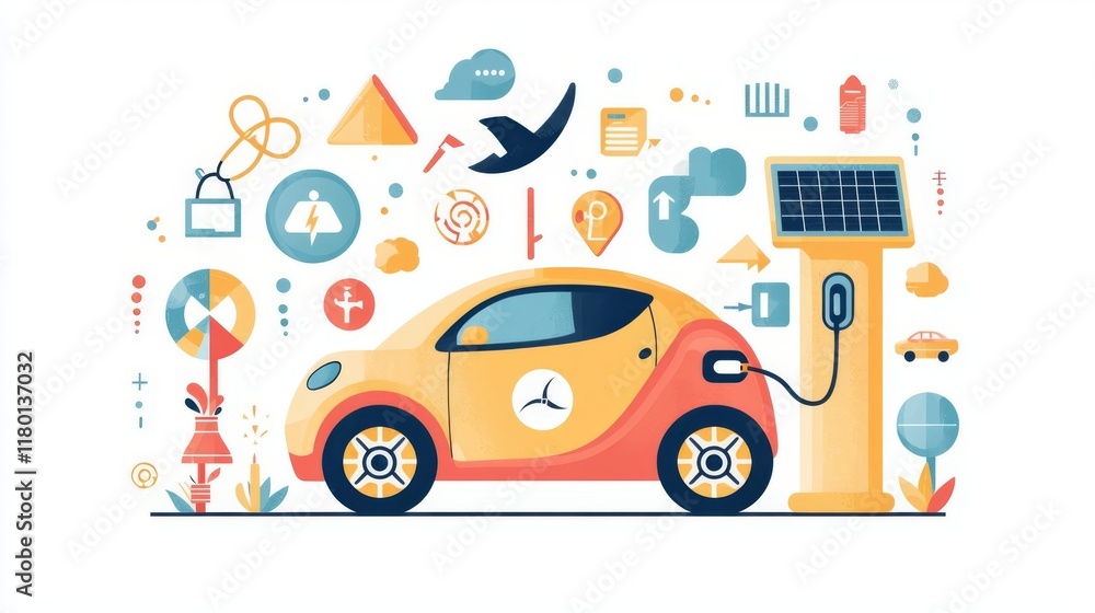 Naklejka premium Colorful illustration of an electric car charging concept.