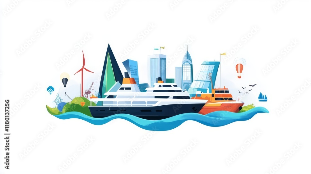 Naklejka premium Colorful illustration of various ships and modern city skyline.