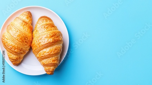 Wallpaper Mural Two croissants on a white plate on a blue background Torontodigital.ca