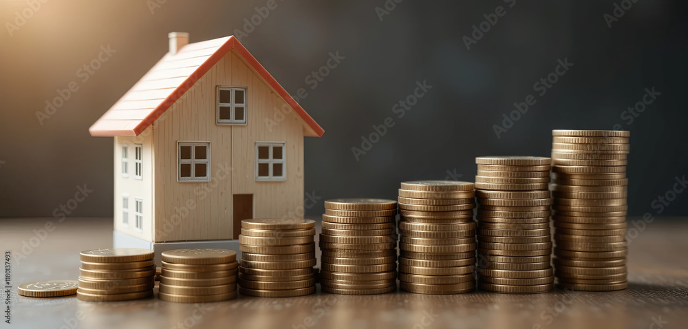 A small model of a house is positioned next to tall stacks of coins, illustrating the concept of real estate investment and financial prosperity. The lighting adds a warm ambiance A small model of a house is positioned next to tall stacks of coins, illustrating the concept of real estate investment and financial prosperity. The lighting adds a warm ambiance