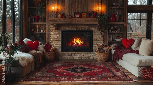 Cozy Valentine's Fireplace: Romantic ambiance with a rustic fireplace, plush sofas, and heart-shaped pillows. Perfect for Valentine's Day or a cozy winter evening. 