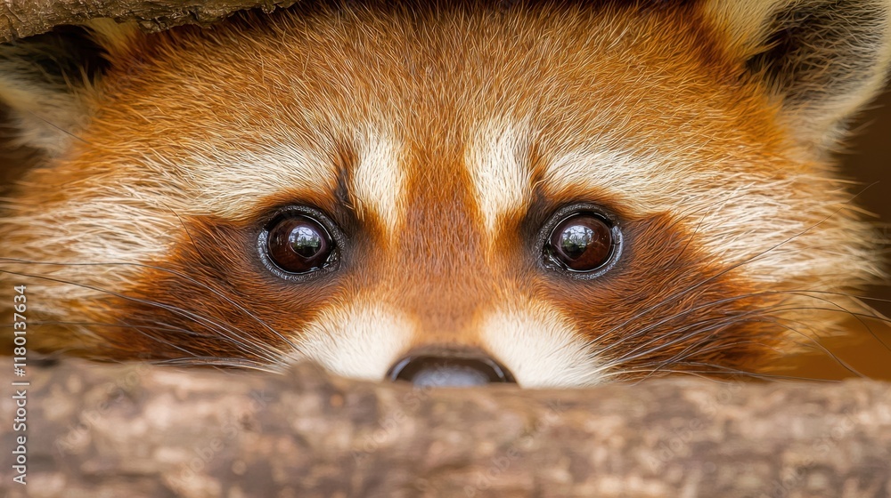 Obraz premium A close up of a red panda peeking out from behind a tree