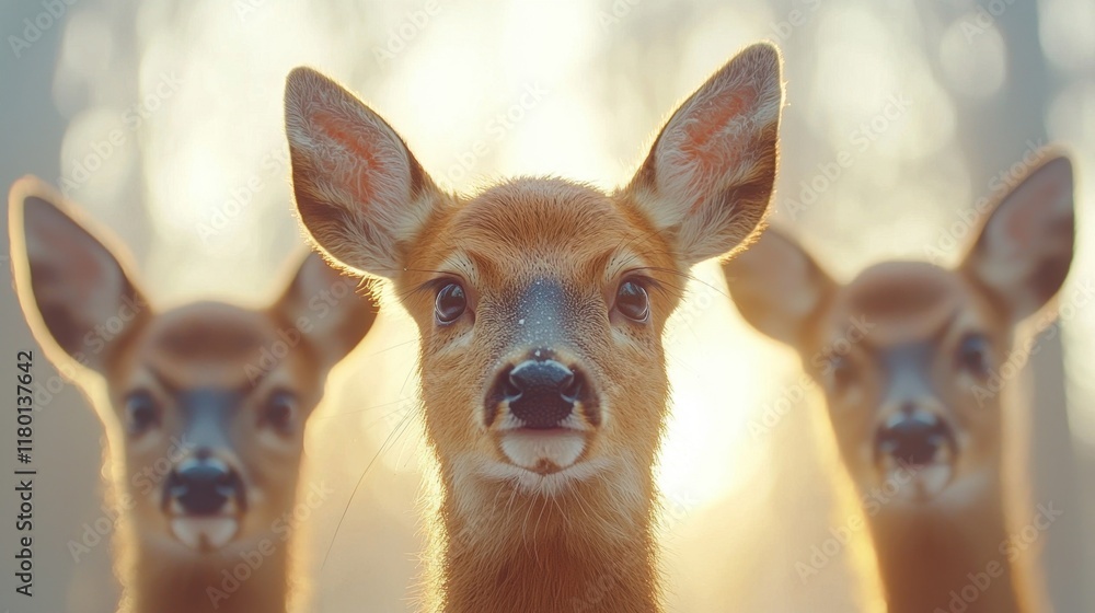 A group of three deer standing next to each other A group of three deer standing next to each other