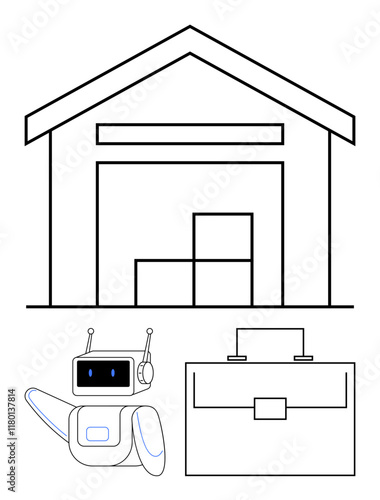 Warehouse outline with stacked boxes, robot assistant, and briefcase. Ideal for logistics, automation, AI, business, supply chain innovation smart storage. Abstract line flat metaphor