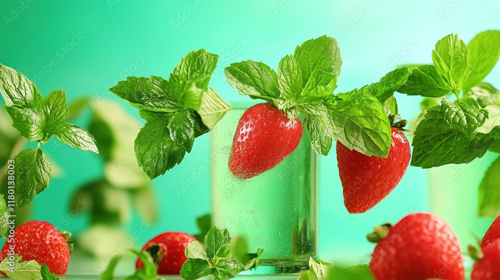 Φωτογραφία A glass of water containing strawberries and mint leaves with strawberries on i