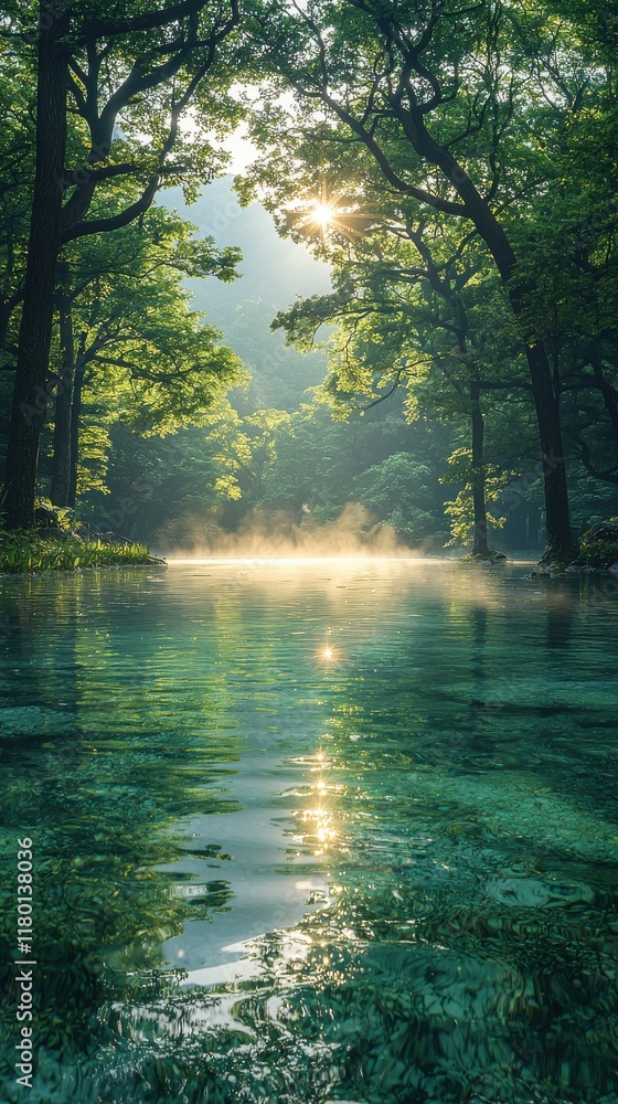 Fototapeta premium Serene morning sun rays filtering through lush green forest canopy, reflecting on tranquil, clear water.