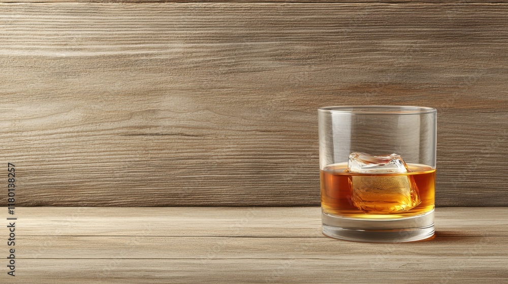 A glass of whiskey with ice on a wooden table A glass of whiskey with ice on a wooden table